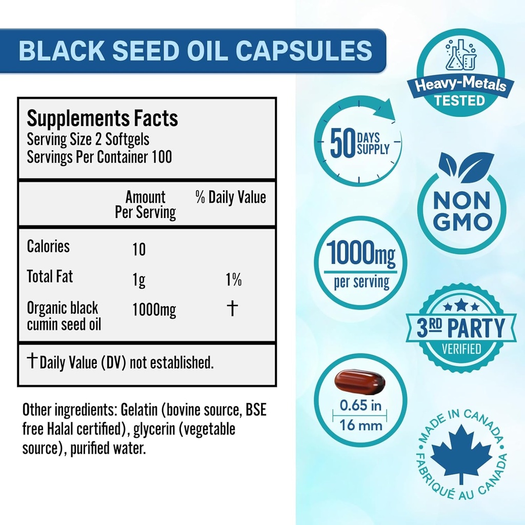 Bio Absorb Black Seed Oil Cold Pressed Capsules. 200 softgels, 500mg (50-Day Supply). No Aftertaste. 3
