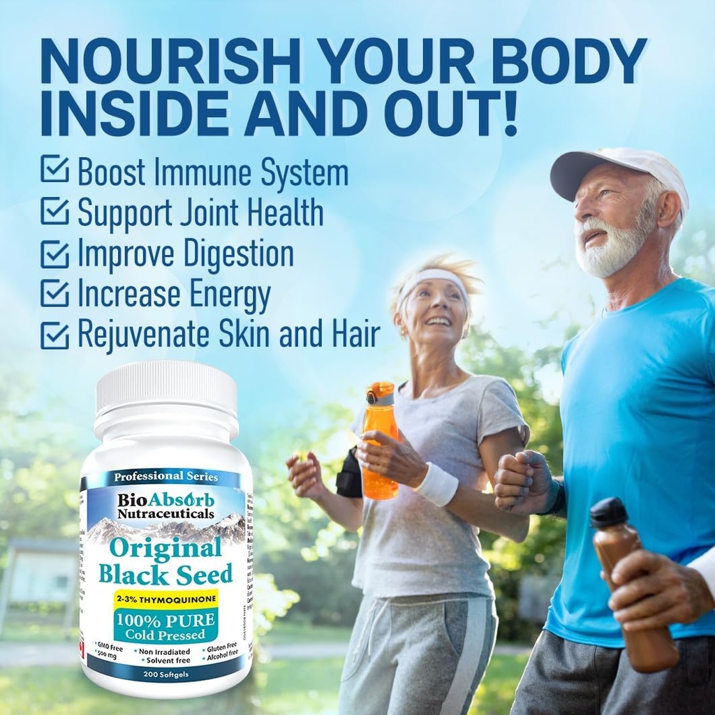 Bio Absorb Black Seed Oil Cold Pressed Capsules. 200 softgels, 500mg (50-Day Supply). No Aftertaste. 5