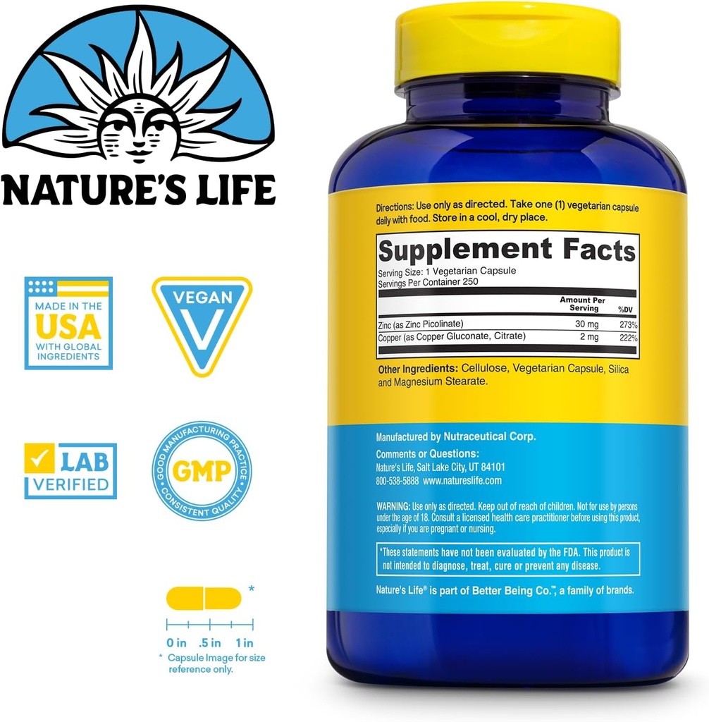 Nature's Life Zinc Picolinate 30mg Plus 2mg of Copper - Chelated Zinc Supplement for Immune, Cardiovascular, Skin, Cellular Function, and Muscle Support - 60-Day Guarantee - 250 Servings, 250 Capsules 3