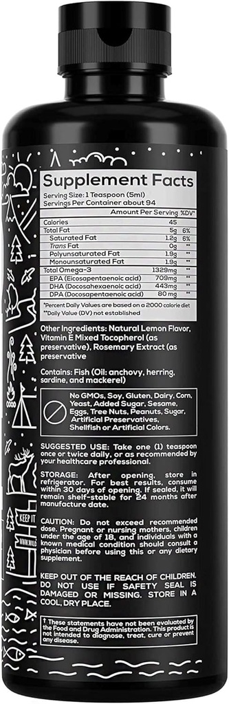 Wild Foods Liquid Omega 3 Fish Oil Supplement, Lemon, 16 oz (1 pk) | Wild Caught, Burpless, Odorless, Non-GMO, Gluten Free | DPA, DHA, EPA Triple Strength Heart & Joint Nutrition for Women & Men 3