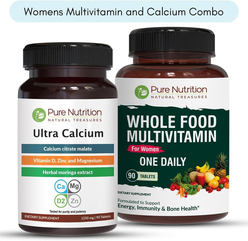 Pure Nutrition Ultra Calcium 1000mg and Whole Foods Womens Multivitamins 1500mg for Healthy Bones,Metabolic Support, Joints and Overall Wellness. Ultra Calcium 90 Tabs + Womens Multivitamins 90 Tabs. 2