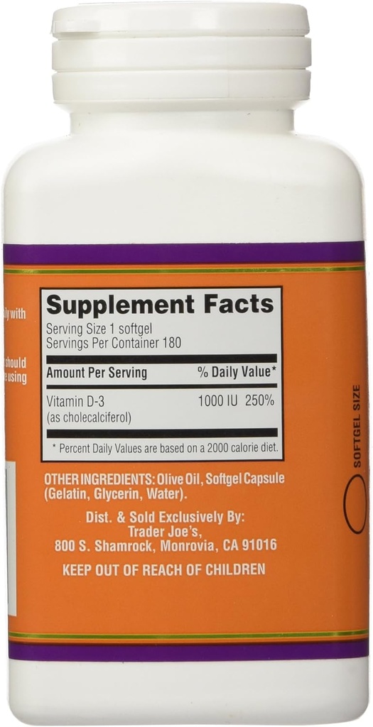 Trader Joe's Vitamin D-3 1000iu, 180softgels 3
