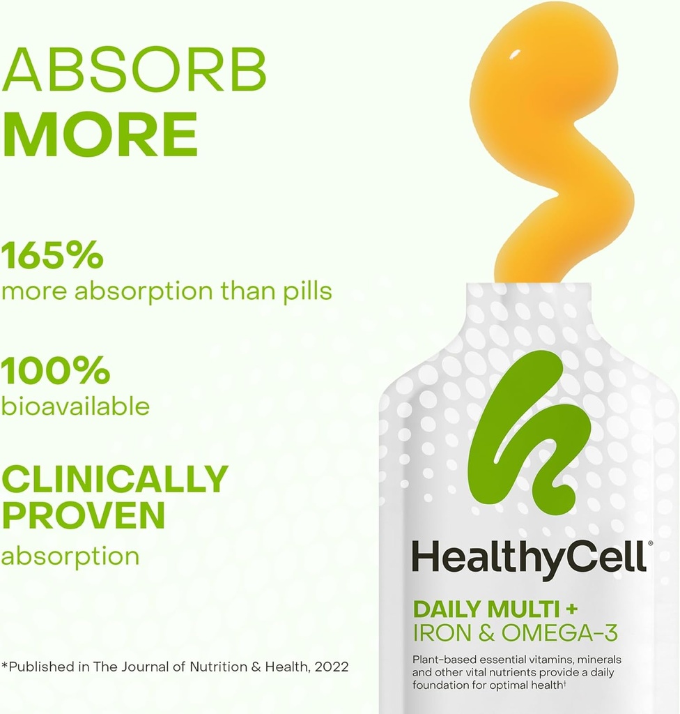 Healthycell Vegan Daily Multivitamin Liquid Supplement with Iron and Omega-3, 25+ Essential Vitamins, Minerals & Nutrients for Brain & Heart Health, Immune Support & Energy - 30 Gel Packs 4