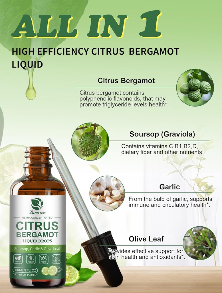 Citrus Bergamot Liquid Drops - Natural Supplement with Soursop, Red Yeast Rice, Garlic, Olive Leaf, Black Pepper - High Absorption - Support Overall Wellness* - Soursop Bitters Liquid, 2 Fl Oz 4