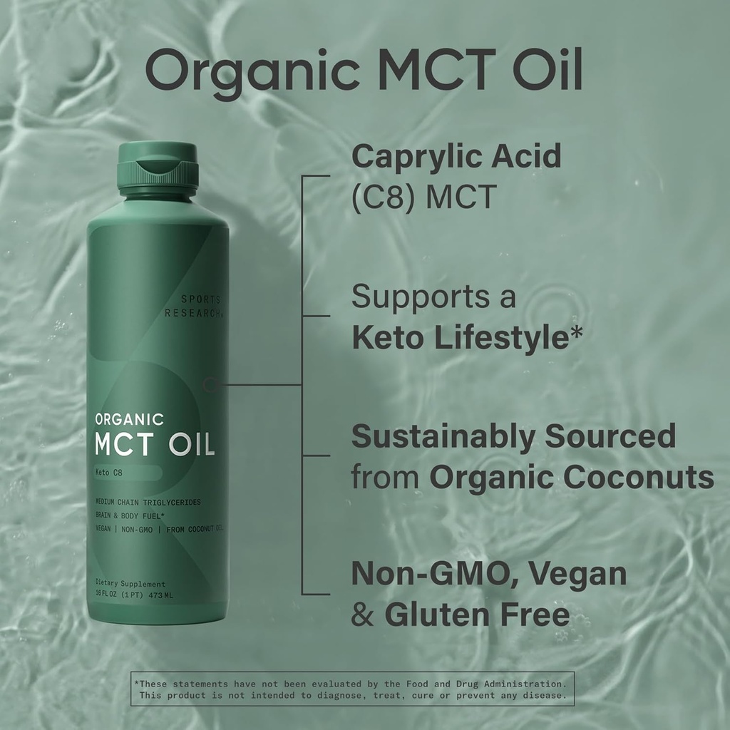 Sports Research Keto MCT Oil from Organic Coconuts - Fatty Acid Fuel for Body + Brain - Single Ingredient C8 Caprylic Acid - Perfect in Coffee, Tea, & More - Non-GMO & Vegan - Unflavored (16 Oz) 5