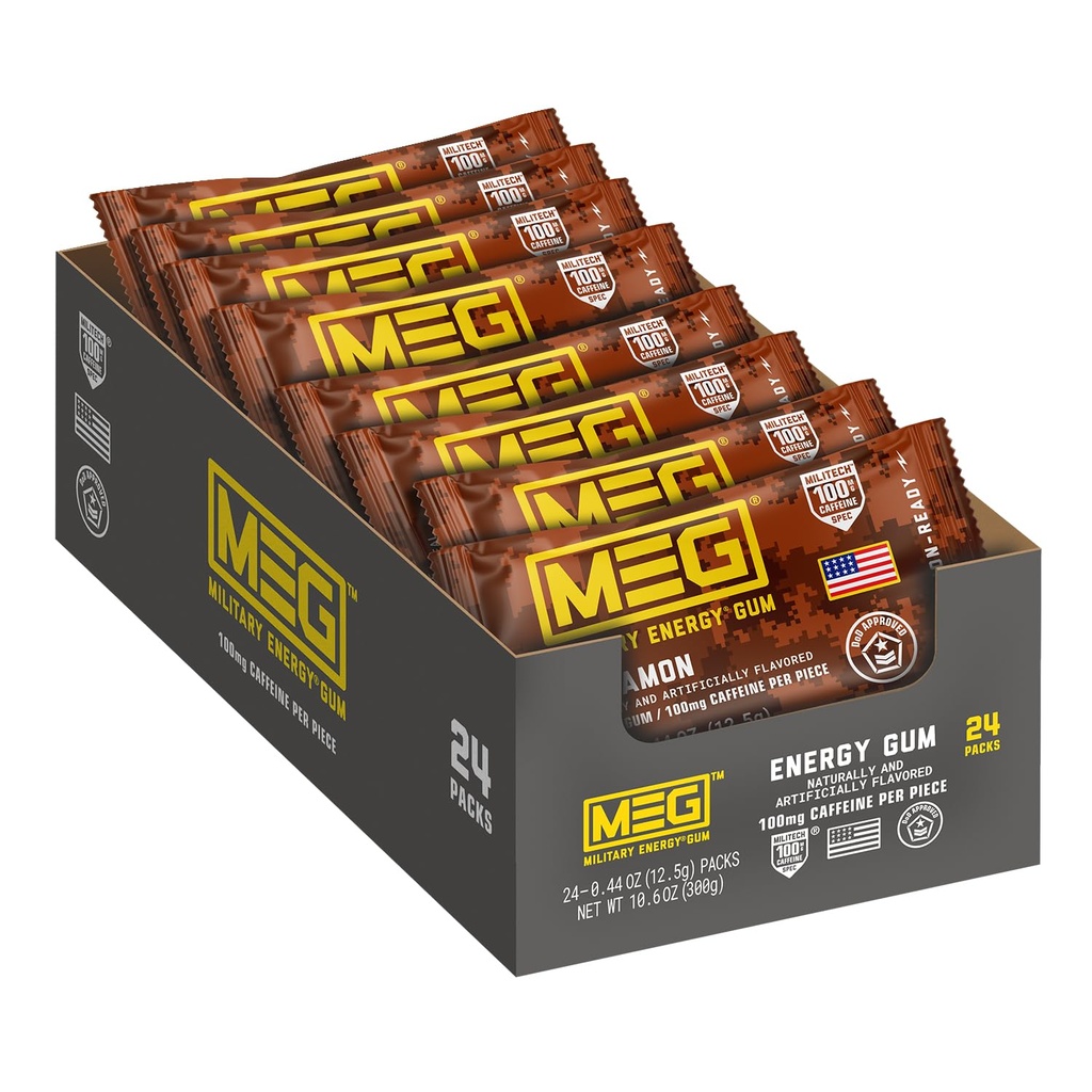 MEG (Military Energy Gum) - Cinnamon | Enhance Your Physical Performance with 100mg of Caffeine Per Piece, Ultimate Energy Boost for Workouts, Alternative to Energy Drinks | Pack of 24 2