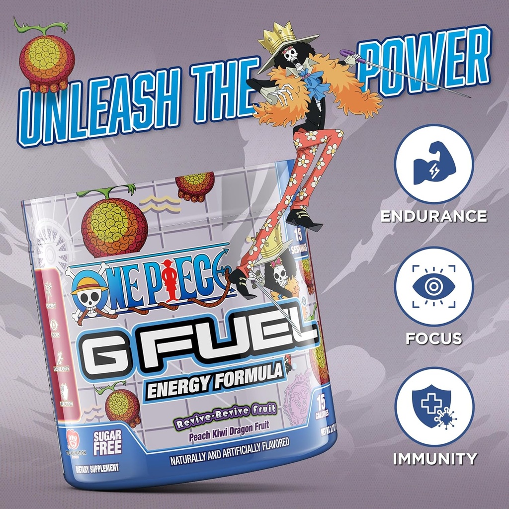 G Fuel ONE Piece Revive-Revive Energy Drink Powder, Pre Workout Caffeine Mix for Gaming, Sugar Free Focus Amino + Antioxidants, 3.7oz (Peach Kiwi Dragon Fruit, 15 Servings) 4