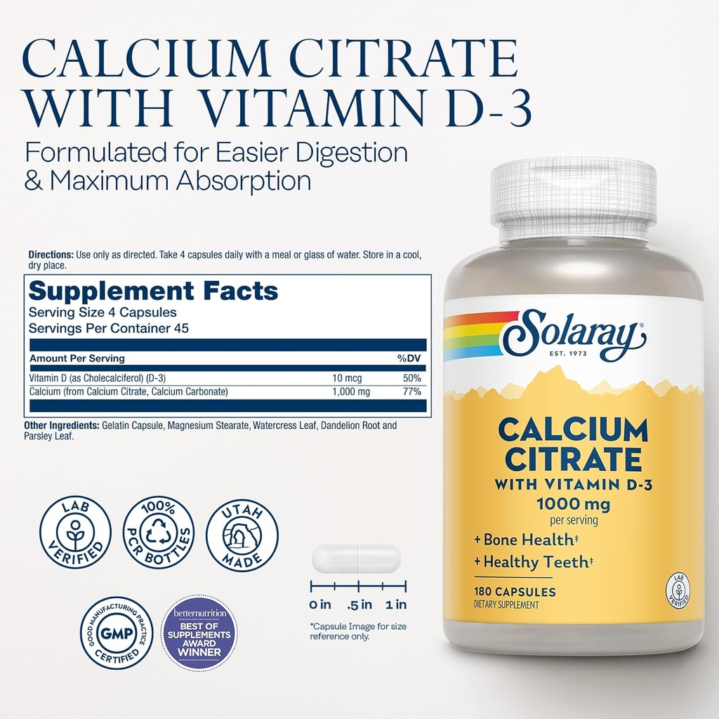 Solaray Calcium Citrate with Vitamin D3 1000mg - Bone Strength and Healthy Teeth Support - Gentle Digestion Formula - Lab Verified, 60-Day Guarantee - 30 Servings, 180 Capsules 3