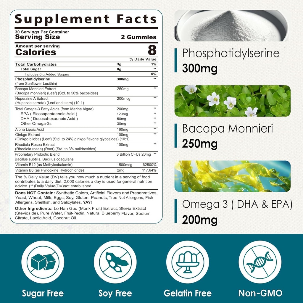 Phosphatidylserine - Nootropic Brian Supplement, Focus & Energy Gummies + Bacopa Monnieri, Omega 3, Huperzine A, Methyl B12 & B6 for Seniors, Gamers, Workers, Non-GMO, Caffeine-Free, Sugar Free,60 Cts 3