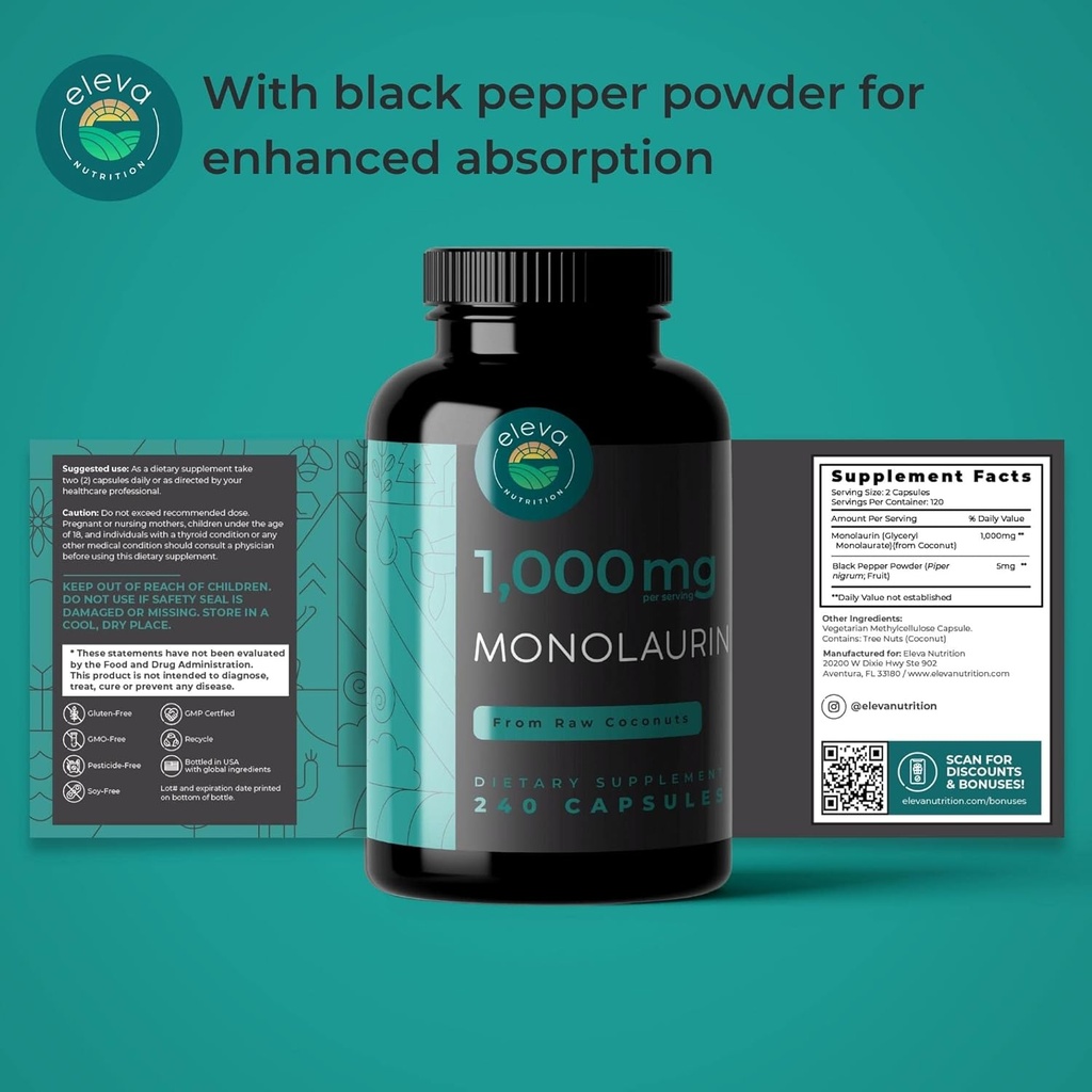 Monolaurin 1000mg Capsules — Made with Pure Glycerol and Lauric Acid from Raw Coconut — Natural Vegans- Non-GMO and Soy Free — 240 Capsules 5