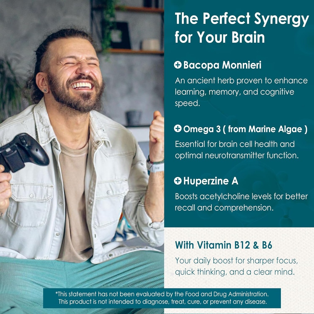 Phosphatidylserine - Nootropic Brian Supplement, Focus & Energy Gummies + Bacopa Monnieri, Omega 3, Huperzine A, Methyl B12 & B6 for Seniors, Gamers, Workers, Non-GMO, Caffeine-Free, Sugar Free,60 Cts 6