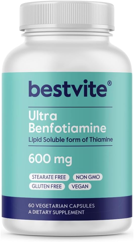 BESTVITE Ultra Benfotiamine 600mg per Capsule (60 Vegetarian Capsules) No Stearates - No Silicon Dioxide - Vegan - Non GMO - Gluten Free - Maximum Strength Benfotiamine 2