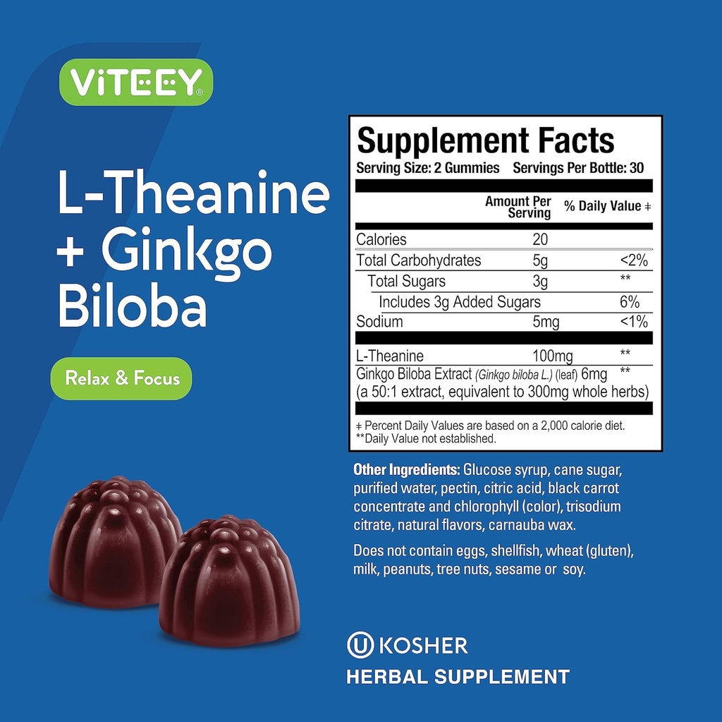 Viteey L-Theanine Gummies with Ginkgo Biloba for Adults - aids in Focus & Relax, Improve Mood - Non GMO, Gelatin Free, Vegan, Gluten Free, Naturally Sourced Chewable Tasty Raspberry Flavored Gummy 5