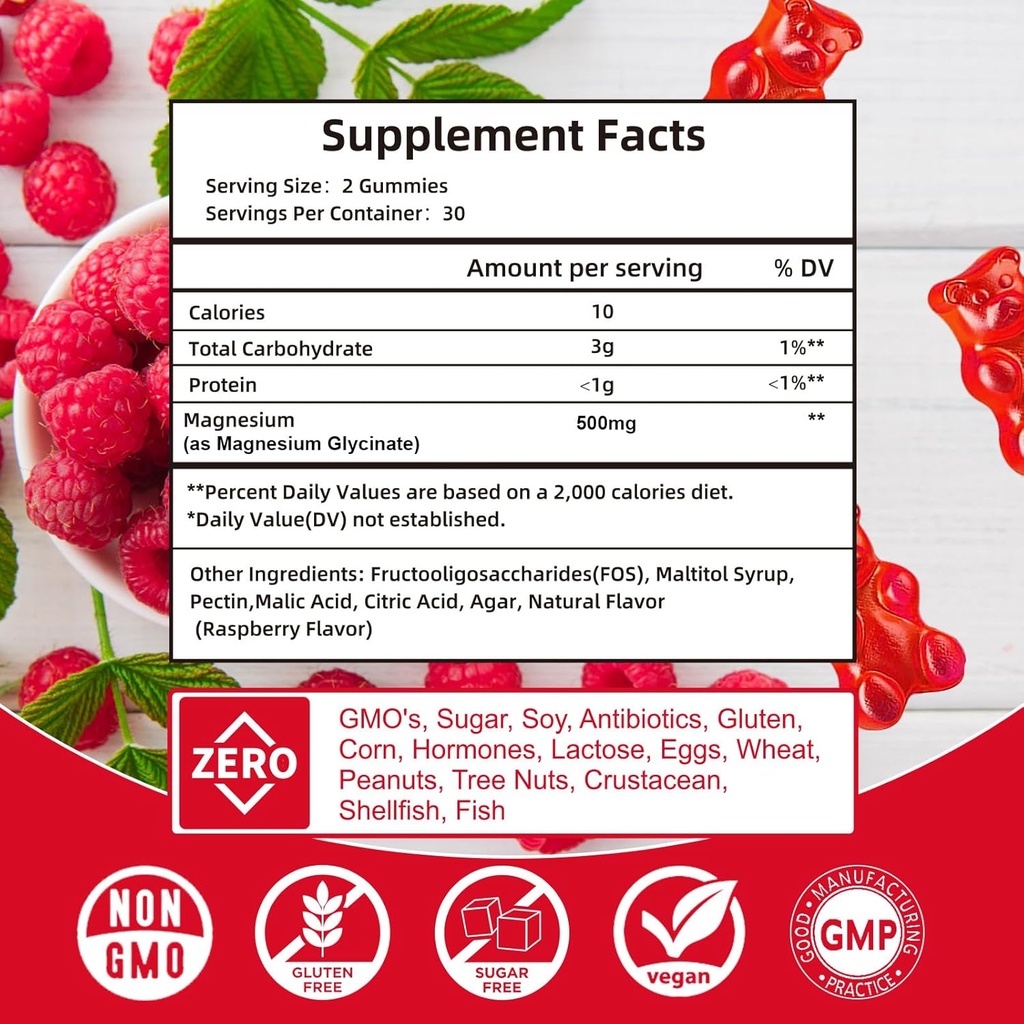 Magnesium Glycinate Gummies 500mg | Relaxation Calm Magnesium Gummies | Sugar-Free | Non-GMO | Gluten-Free | Vegan-Friendly for Adults & Kids (60 Raspberry Gummies) 5