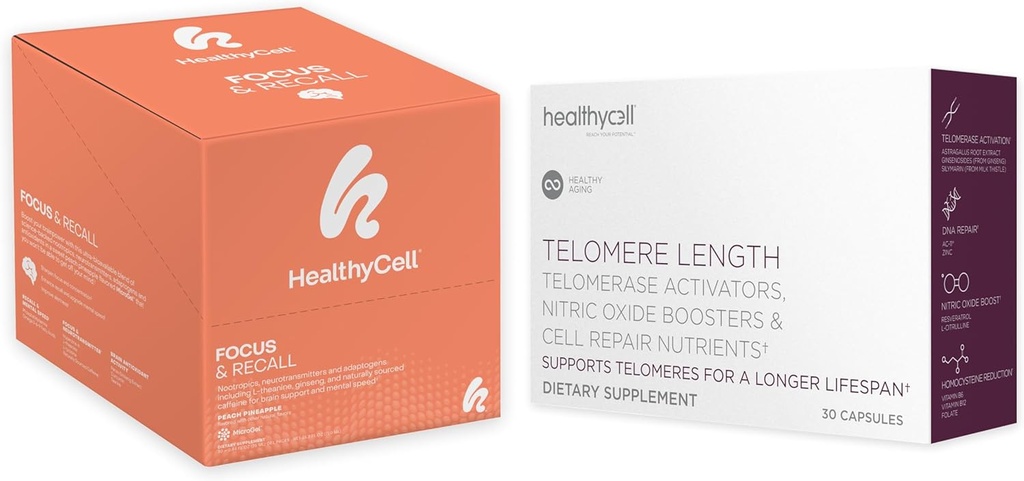 Healthycell Telomere Length Healthy Aging Supplement + Focus & Recall Brain Supplement for Memory & Focus Bundle 2
