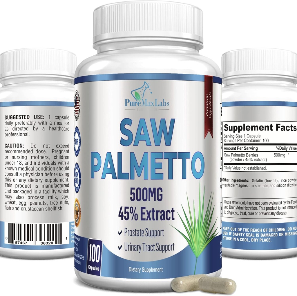 Extra Strength Saw Palmetto - 45% Extract Prostate Supplement, Decrease Frequent Urination, DHT Blocker for Hair Growth, Non-GMO, 100 Capsules 2