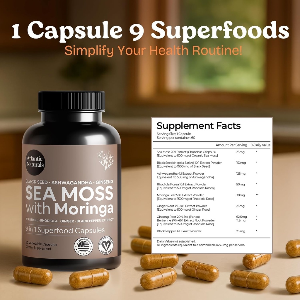 Atlantic Naturals Sea Moss Capsules – Irish Sea Moss with Black Seed Oil, Ashwagandha, Moringa, Ginseng & Ginger for Energy, Vitality & Wellness – Nutritional Supplement – Made in USA – 60 Capsules 4