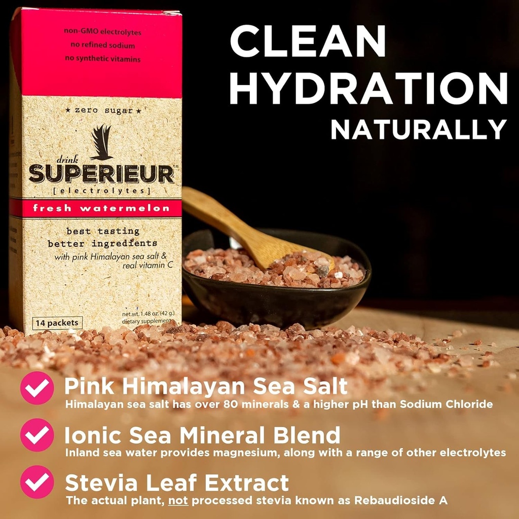 Superieur Electrolyte Powder Packets - Vegan Electrolyte Hydration Powder w/Sea Minerals - Keto Friendly, Non-GMO, Zero Sugar Electrolyte Supplement - Healthy Sports Drink - Watermelon (14 Packets) 3