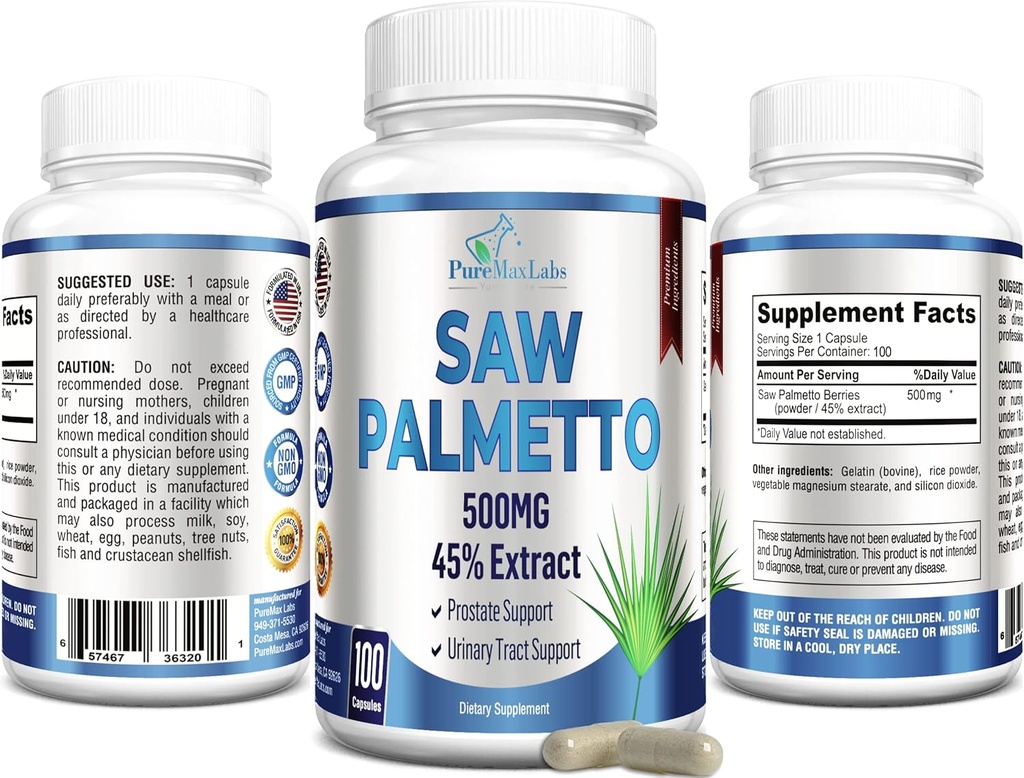 Extra Strength Saw Palmetto - 45% Extract Prostate Supplement, Decrease Frequent Urination, DHT Blocker for Hair Growth, Non-GMO, 100 Capsules 5