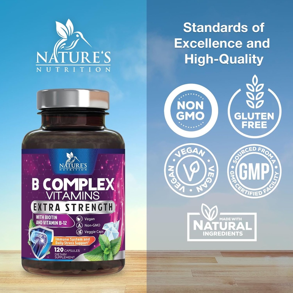 B Complex Vitamins Capsules - with Vitamin B12 B6 B100 C Biotin Folate & Folic Acid - Supplement for Heart, Brain, & Nerve Support - Super Complete B-Complex for Immune & Energy Support - 120 Capsules 5