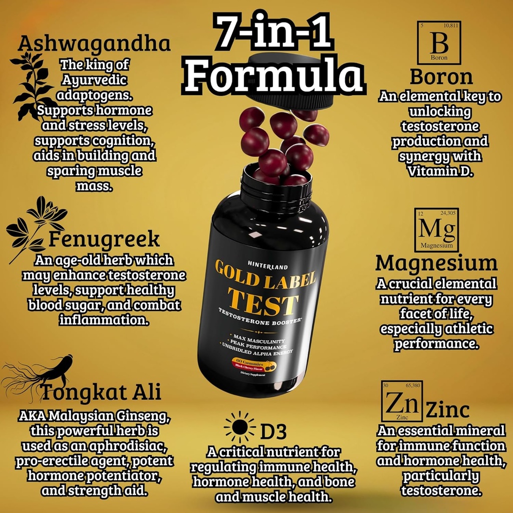 Gold Label Testosterone Booster Gummies with Tongkat Ali, Zinc, D3, Ashwagandha, Fenugreek, Magnesium, Boron for Male Enhancement, Muscle Building, Vitality, Strength, Performance, Energy - 60 Count 4