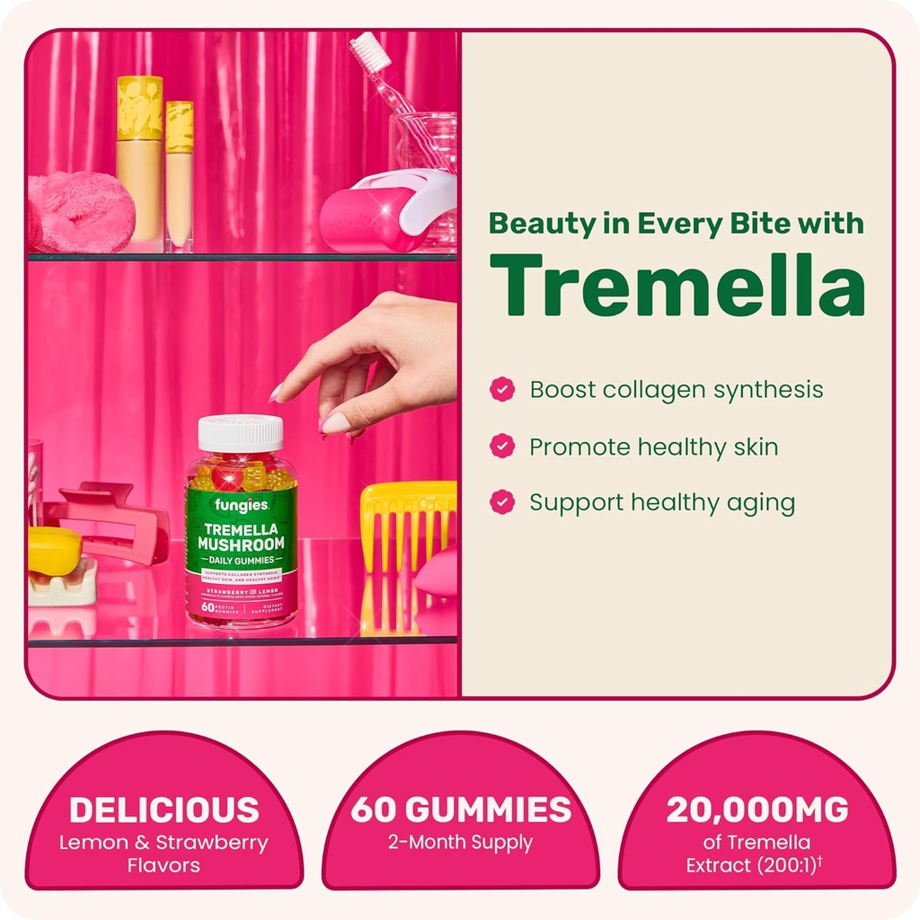 Fungies Tremella Mushroom Gummies, Mixed Strawberry & Lemon Flavor - Mushroom Herbal Supplement Gummy for Adults Supports Collagen Synthesis, Healthy Skin & Healthy Aging - Beauty Gummies 60 Servings 3
