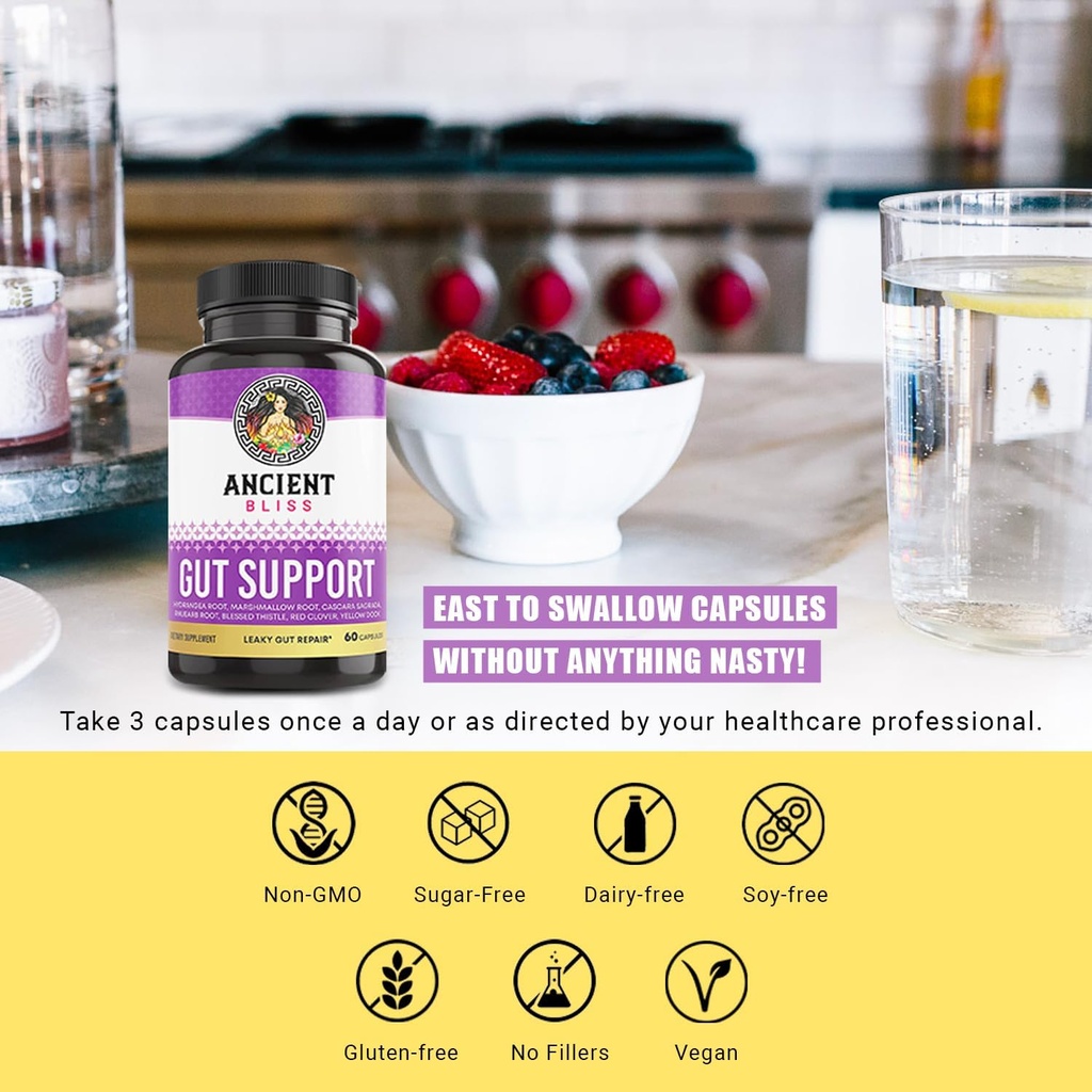 Ancient Bliss Leaky Gut Supplement, L Glutamine Capsules for Gut Support with Blessed Thistle and Hydrangea Root, Vegan and Non-GMO, 60 Capsules 6