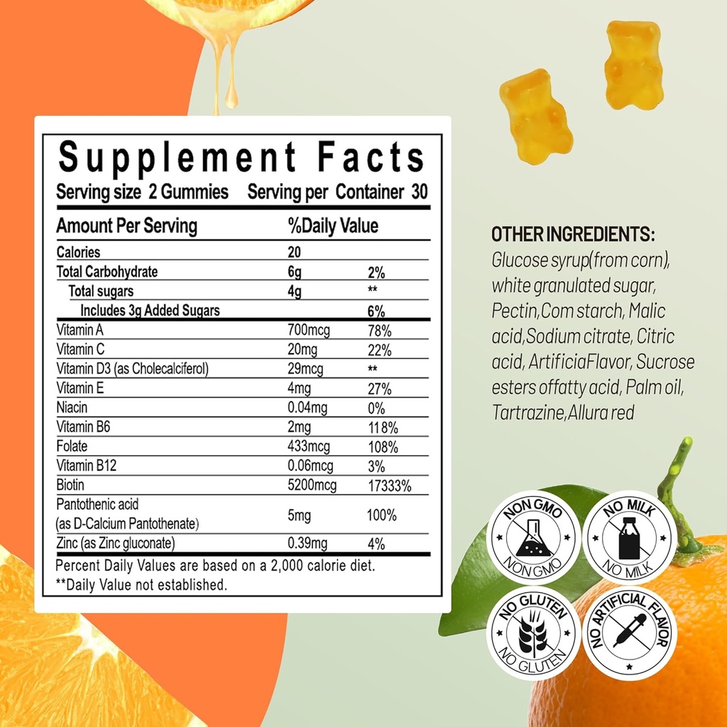 Multivitamin Gummies for Adult 5200mcg Biotin, Citrus Flavored Daily Multivitamins with Vitamins A, C, D3, E, B6 and B12, Zinc-Skin, Hair Growth, All Over Health 3