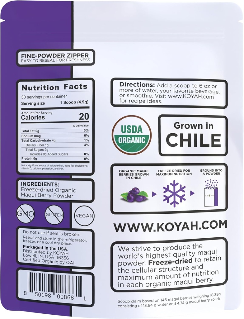 KOYAH - Organic Maqui Berry Powder 30 Servings (1 Scoop = 146 Berries or 1/8 Cup Fresh), Chile Grown, Freeze-Dried, Whole-Berry Powder 3