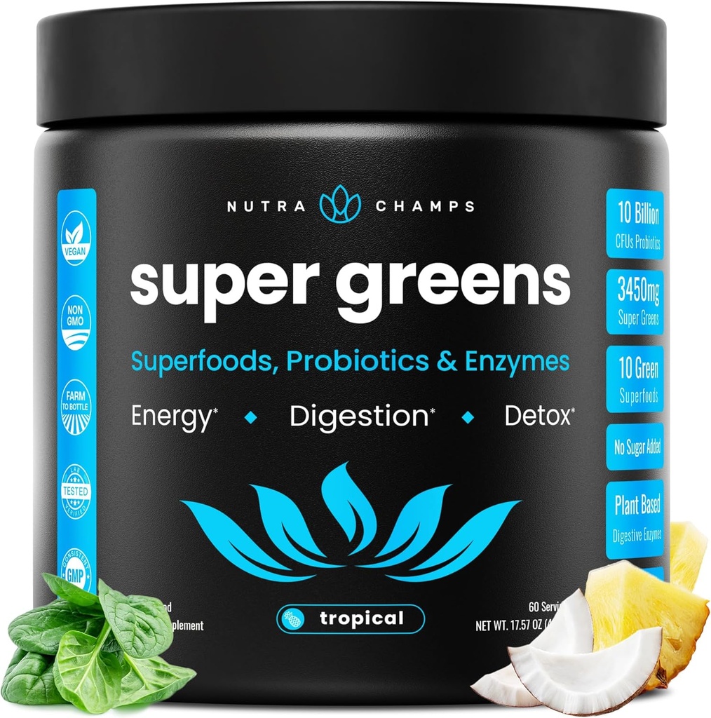 NutraChamps Super Greens Powder Premium Superfood | 20+ Organic Green Veggie Whole Foods | Wheat Grass, Spirulina, Chlorella | Antioxidant, Digestive Enzyme & Probiotic Blends (9.1 OZ, Tropical) 2