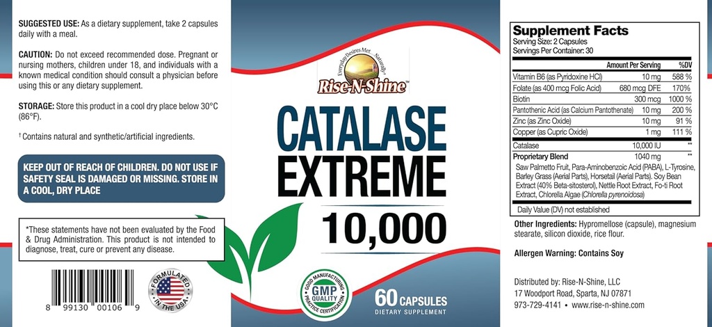 Rise-N-Shine Catalase Extreme Supplement 10,000 with Saw Palmetto, Biotin, Fo-Ti, PABA - Hair Supplements for Strong Hair - 60 Capsules 5