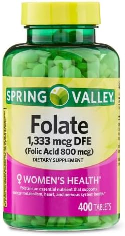 Generic Spring Valley Folate 1,333 mcg DFE, Folic Acid 800 mcg, 400 Tablets - Dietary Supplement, Women's Health Boost, Metabolism & Heart Support - Bundle with+ Sticker Dri Store 4
