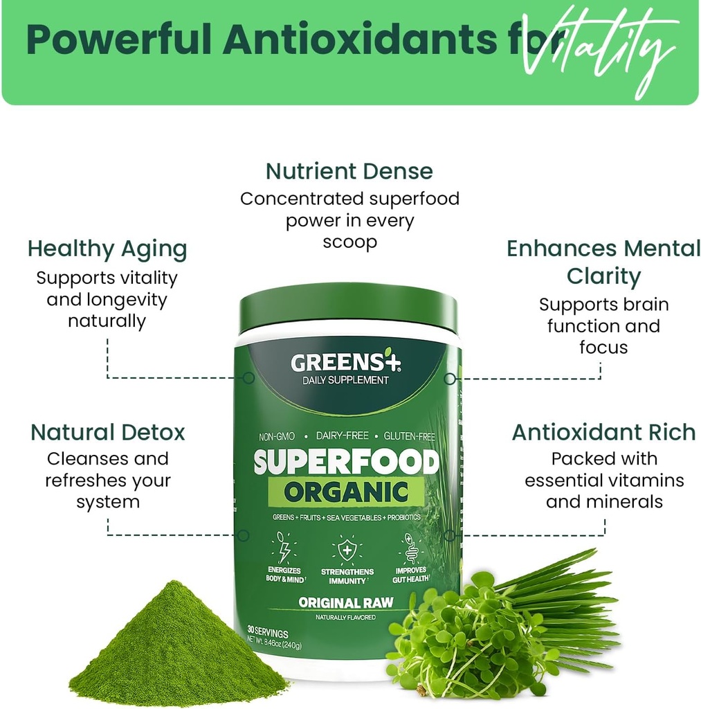 Greens+ Organic RAW Superfood Powder, Super Blend Immune Support, Morning Kick, Energy Boost, Nutrition Vibrant Health, Dietary Supplement, Vegan Soy/Dairy/Gluten Free(8.46oz) 5