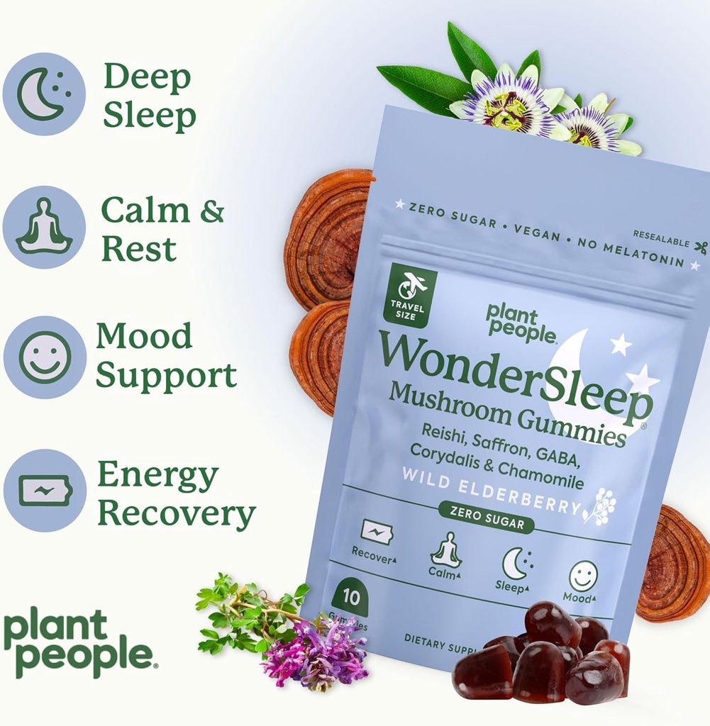 Plant People WonderSleep Mushroom Gummies Supplement Mini with Reishi Super Mushrooms, Saffron, Wild Elderberry Flavor No Sugar Vegan-Friendly & Gluten-Free Trial Size 5