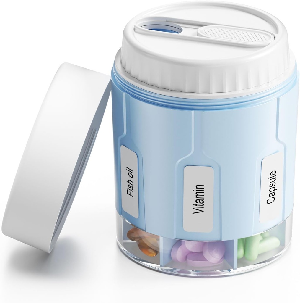 Daviky Pill Bottle Organizer, Supplement Organizer with 7 Large Compartments, Travel Pill Dispenser Round Pill Box with Two Lids（Blue） 2