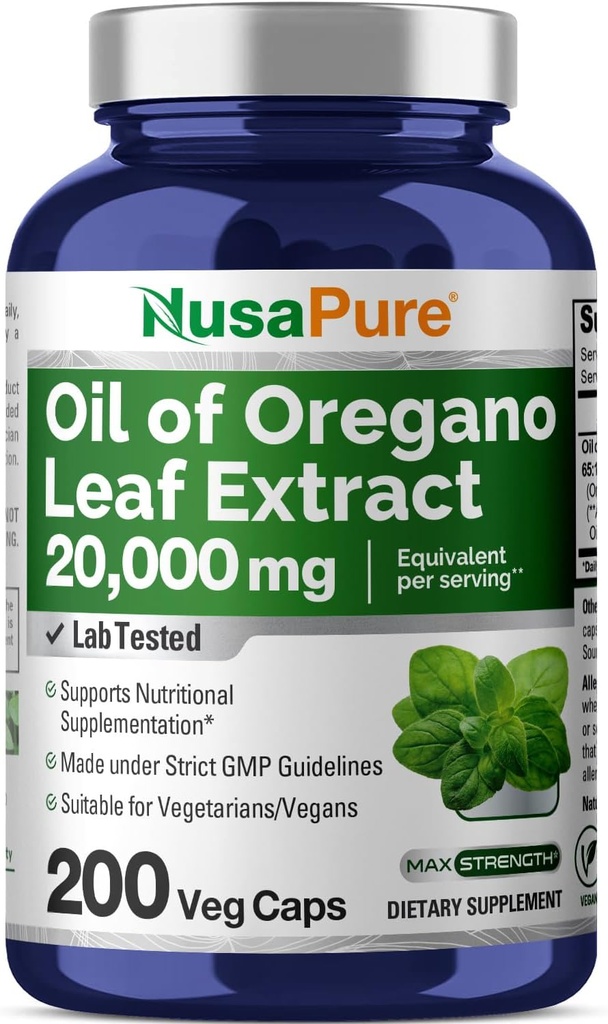 NusaPure Oregano Oil Extract 20000mg | 200 Veggie Powder Capsules | Naturally Occurring Carvacrol | Non-GMO and Extract 65:1 2