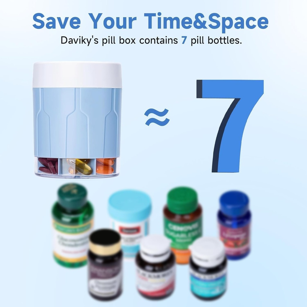 Daviky Pill Bottle Organizer, Supplement Organizer with 7 Large Compartments, Travel Pill Dispenser Round Pill Box with Two Lids（Blue） 3