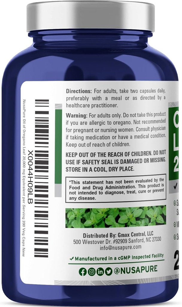 NusaPure Oregano Oil Extract 20000mg | 200 Veggie Powder Capsules | Naturally Occurring Carvacrol | Non-GMO and Extract 65:1 4