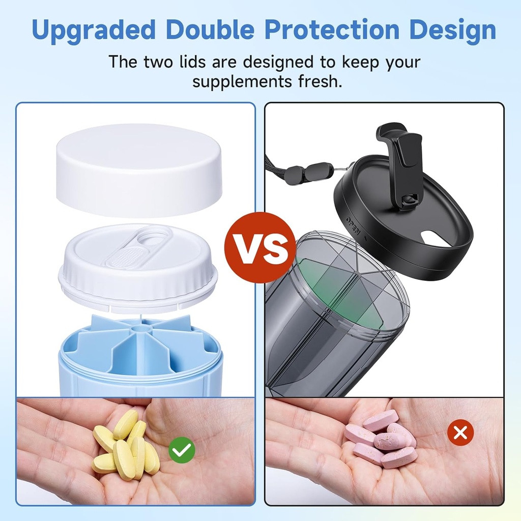 Daviky Pill Bottle Organizer, Supplement Organizer with 7 Large Compartments, Travel Pill Dispenser Round Pill Box with Two Lids（Blue） 5