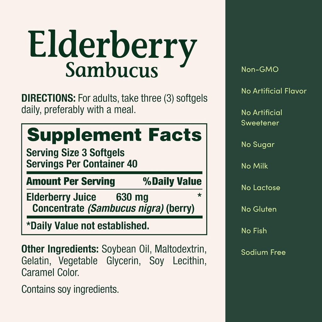 Nature's Bounty Sambucus Elderberry Herbal Supplement, Rapid Release Softgels, 630 mg per Serving, 120 Count 6