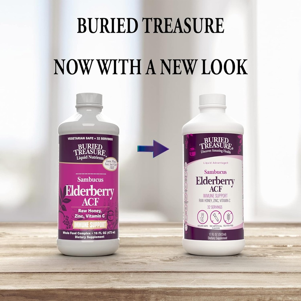 Buried Treasure Elderberry ACF with 4,000 mg Elderberry Sambucus Whole Fruit Concentrate, Vitamin C Plus Raw Local Honey Liquid Immune Support 16 oz 3