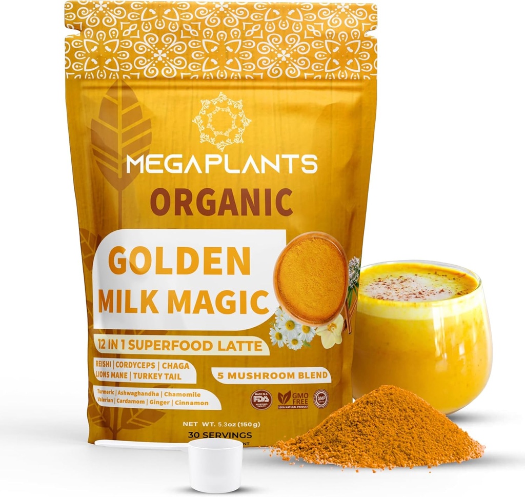 Golden Milk Magic (50 Servings) | Superfood 5 Mushroom Blend for Sleep, Relaxation, Relief | Turmeric, Ashwaghanda, Valerian, Chamomile + 5 Mushroom Blend | Smoothie, Hot Beverage 2