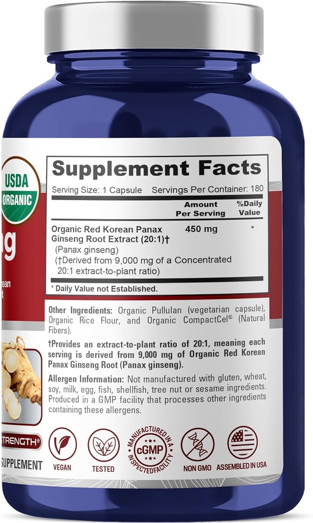 NusaPure Red Korean Panax Ginseng 20:1 Extract, 450 mg Equivalent to 9,000 mg 180 Veggie Caps (USDA Organic, Non-GMO, Vegan, Vegetarian, Bioperine) 3