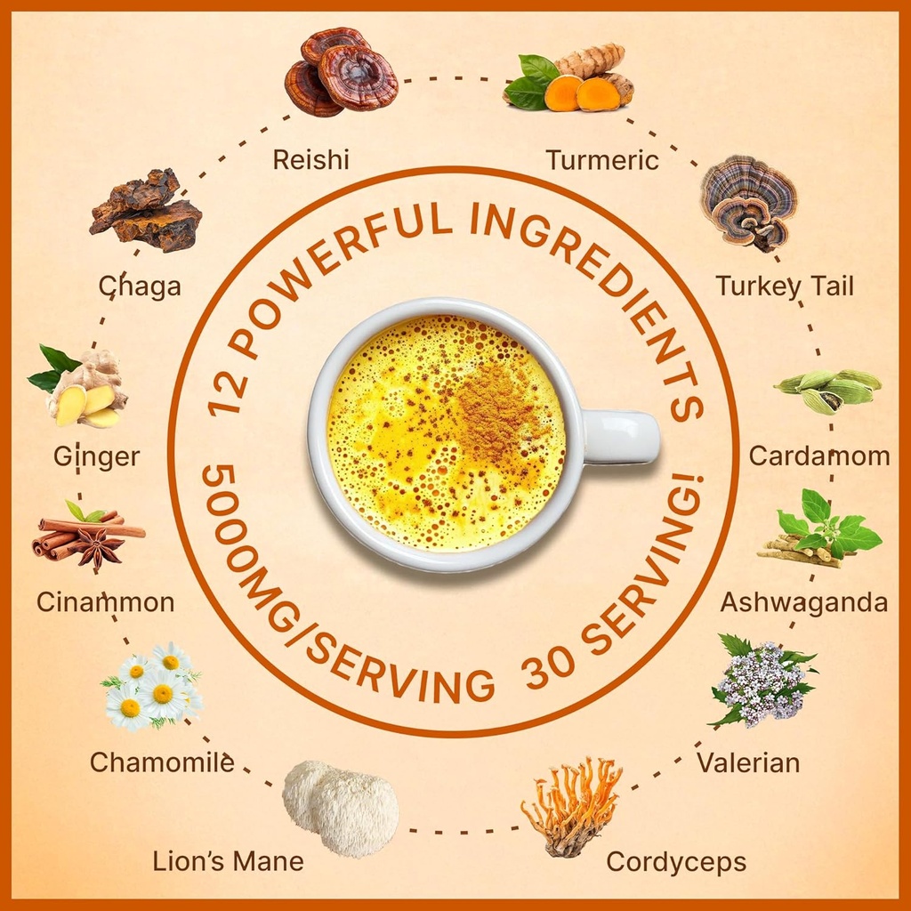 Golden Milk Magic (50 Servings) | Superfood 5 Mushroom Blend for Sleep, Relaxation, Relief | Turmeric, Ashwaghanda, Valerian, Chamomile + 5 Mushroom Blend | Smoothie, Hot Beverage 3