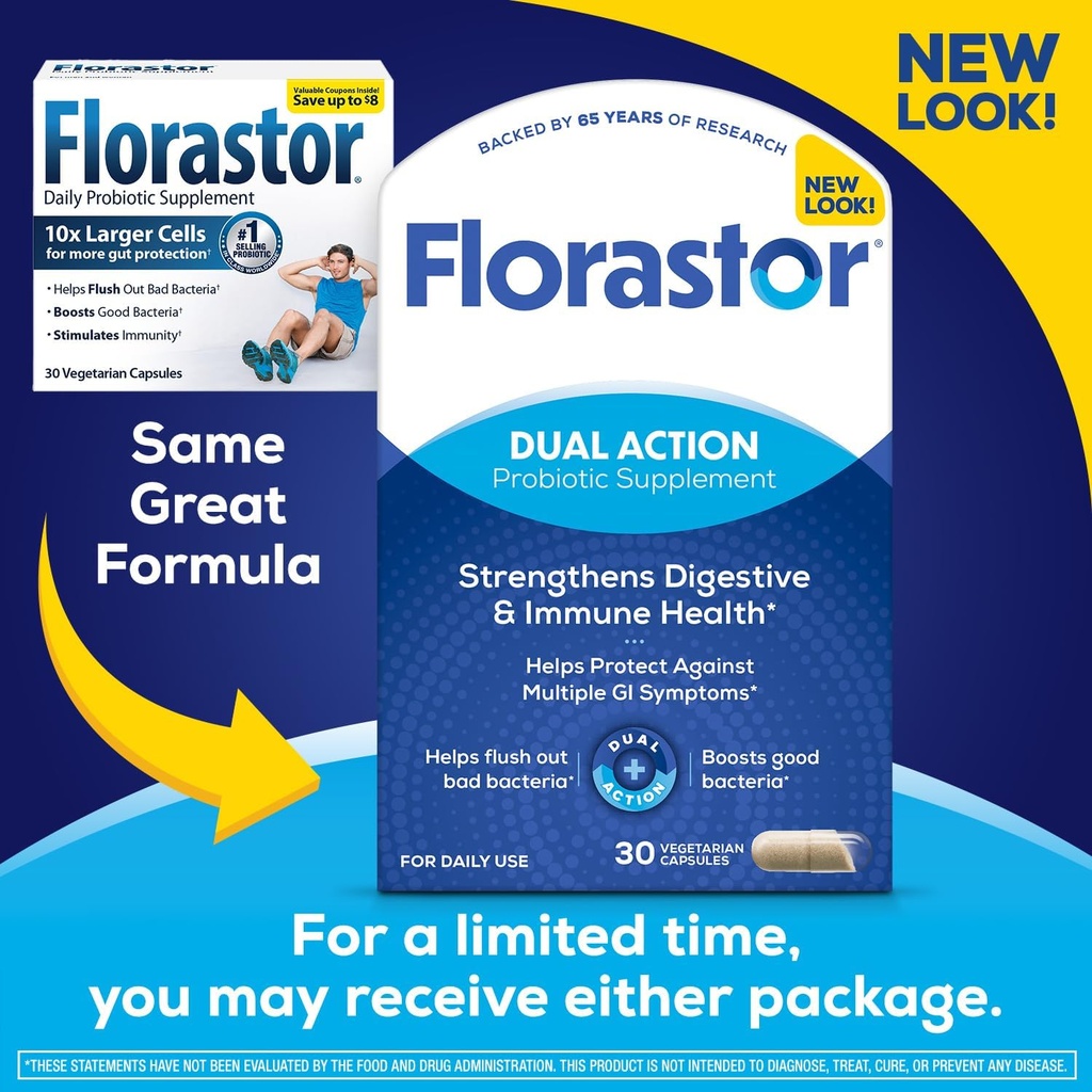 Florastor Probiotics for Digestive and Immune Health, 30 Capsules, Probiotics for Women & Men, Helps Flush Out Bad Bacteria, Boosts The Good with Our Unique Strain Saccharomyces Boulardii 3