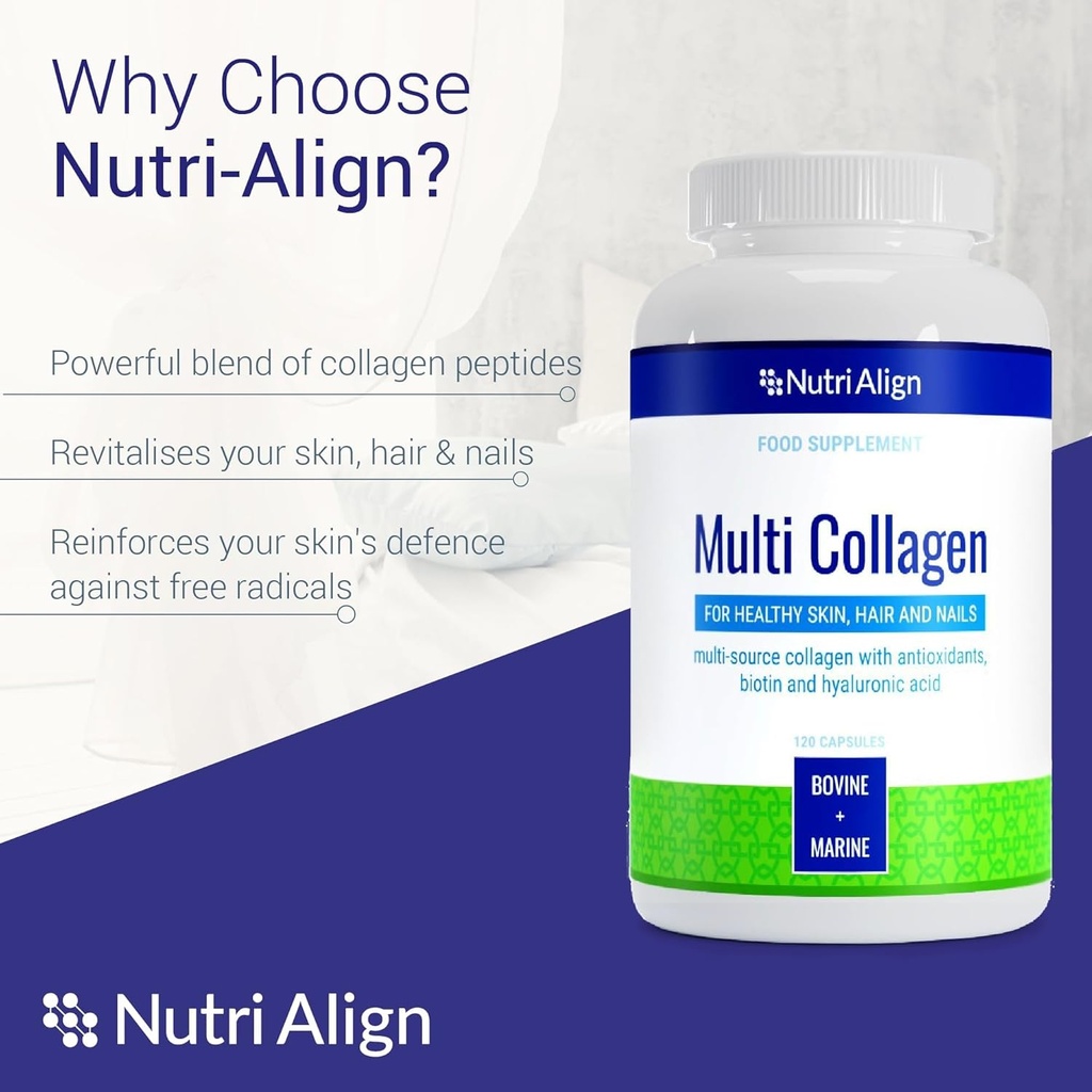 Nutri-Align Multi Collagen | 120 Collagen Peptides Capsules - 600mg Bovine Collagen & 400mg Marine Collagen per Serving | Collagen for Women Hair, Skin & Nails with Vitamins & Amino Acids | Sugar Free 4