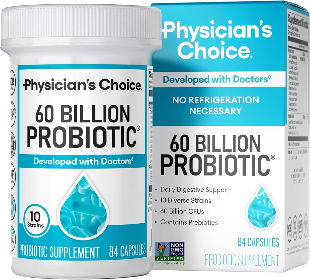Physician's CHOICE Probiotics 60 Billion CFU - 10 Strains + Organic Prebiotics - Immune, Digestive & Gut Health - Supports Occasional Constipation, Diarrhea, Gas & Bloating - for Women & Men - 84ct 2