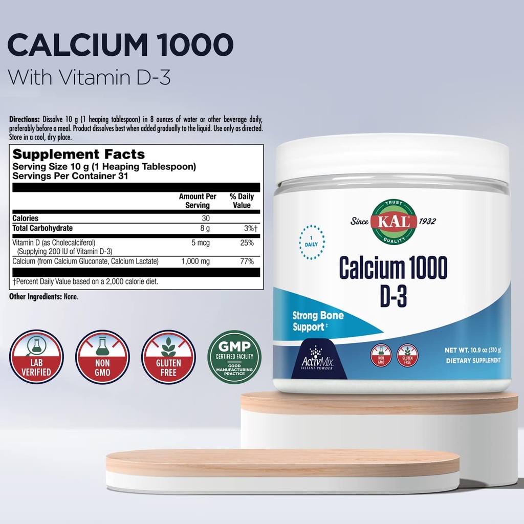 KAL Calcium Vitamin D-3 ActivMix, Powder Calcium Supplement, Bioavailable Calcium Lactate and Gluconate, Bone Health Support, Unflavored, Non-GMO, Gluten Free, 60-Day Guarantee, 31 Servings, 10.9 oz 3