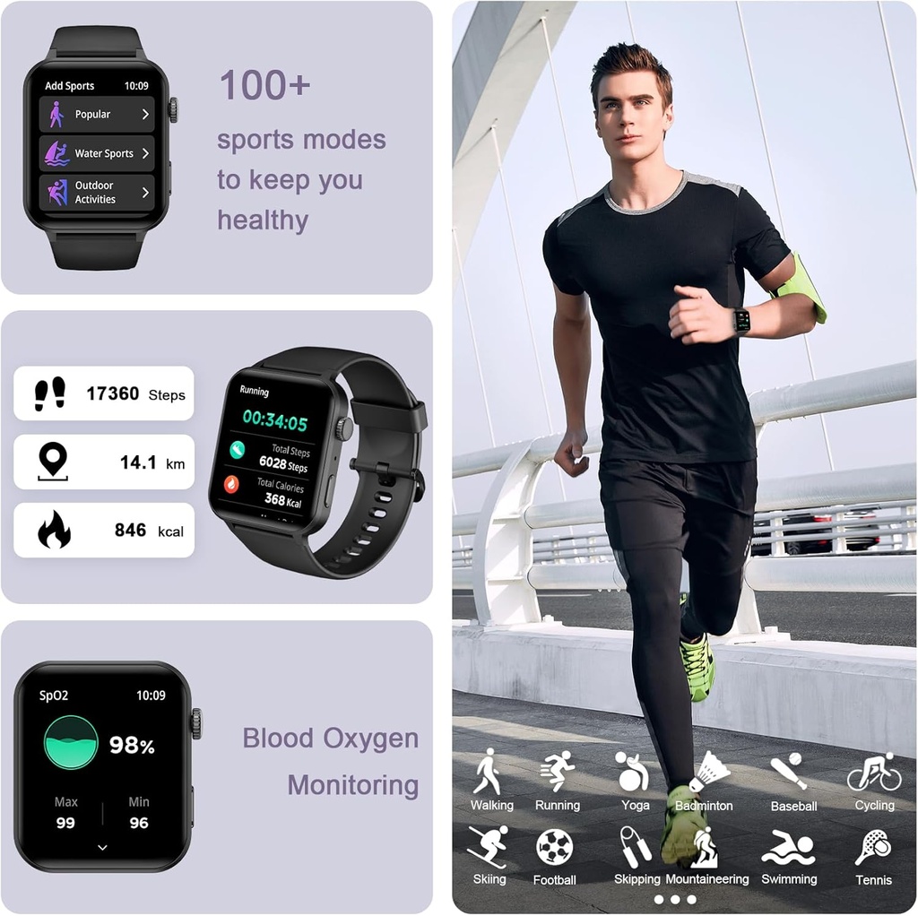 IOWODO Smart Watch for Men Women - 1.85''HD Screen with Make and Answer Calls, with AI Voice Assistant, SpO2/Heart Rate/Sleep Monitor, 100+ Sports Modes, Smartwatch for Android and iOS (2 Straps) 4