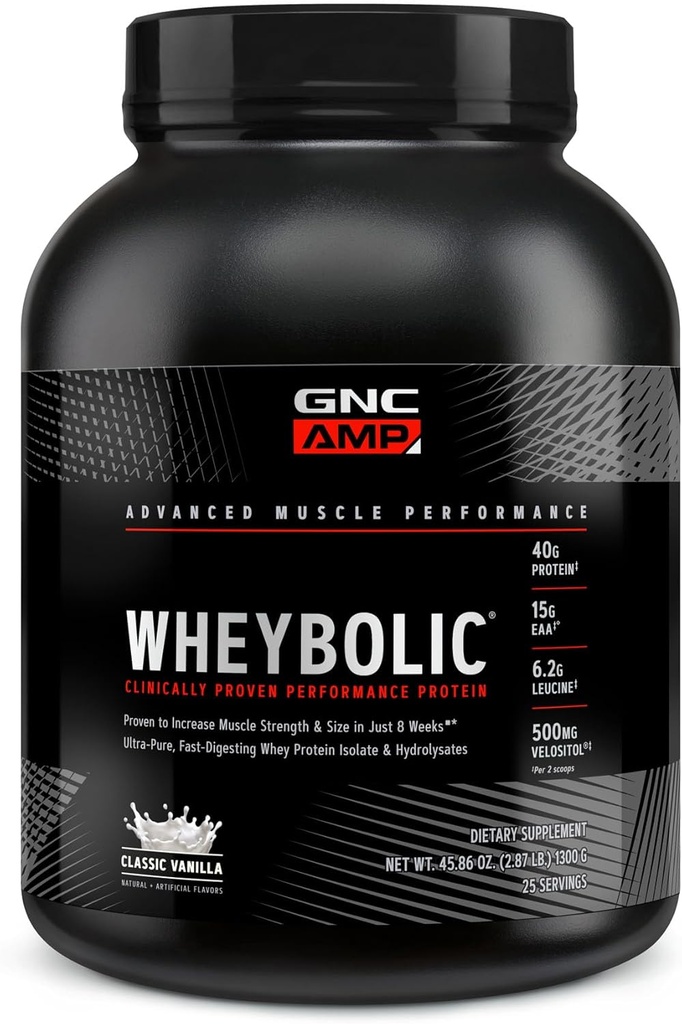 GNC AMP Wheybolic Clinically Proven Protein Powder, 40g Whey Protein, BCAA, Leucine, Increases Muscle Strength, Muscle Building, 3rd Party Tested, Gluten Free, Classic Vanilla, 25 Servings 2